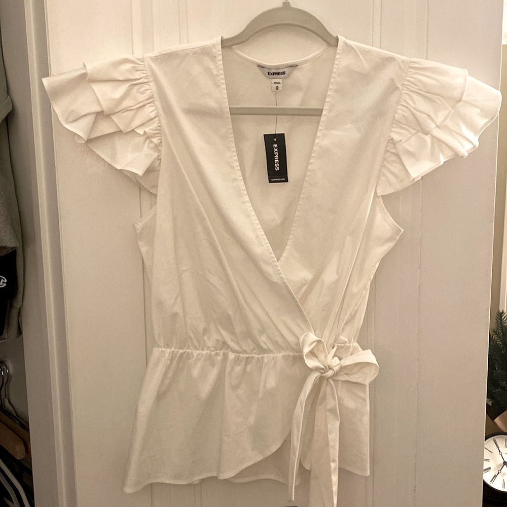EXPRESS ruffle sleeve faux-wrap top